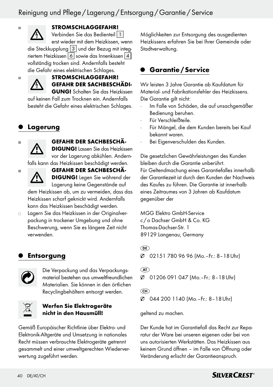 Lagerung, Entsorgung, Garantie / service | Silvercrest SSK 100 A1 User Manual | Page 40 / 45