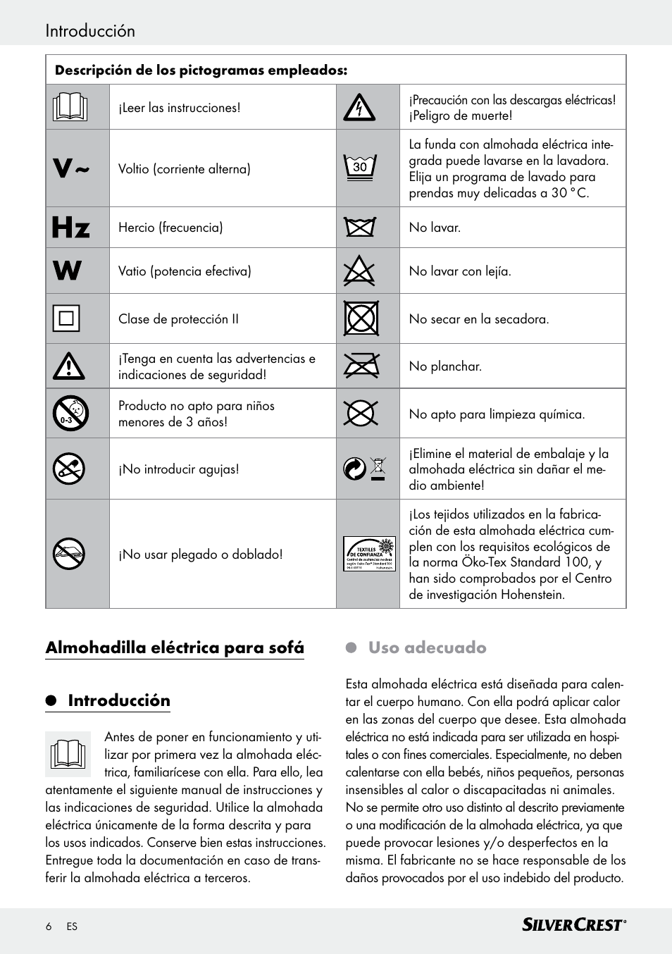 Almohadilla eléctrica para sofá introducción, Uso adecuado | Silvercrest SSK 100 A1 User Manual | Page 6 / 45