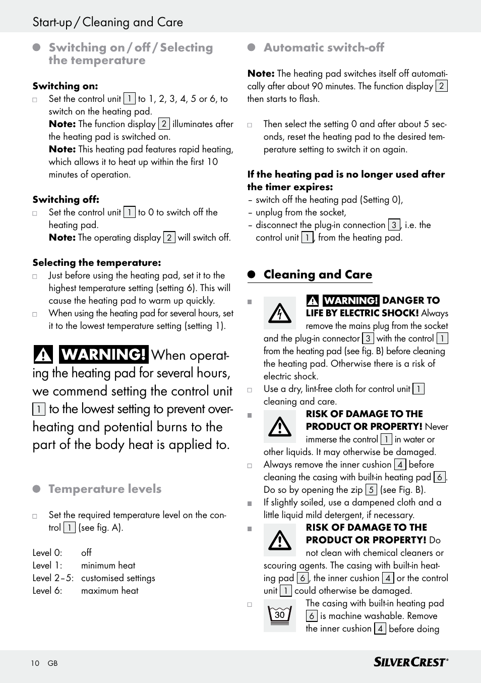 Switching on / off / selecting the temperature, Temperature levels, Automatic switch-off | Cleaning and care | Silvercrest SSK 100 A1 User Manual | Page 10 / 33
