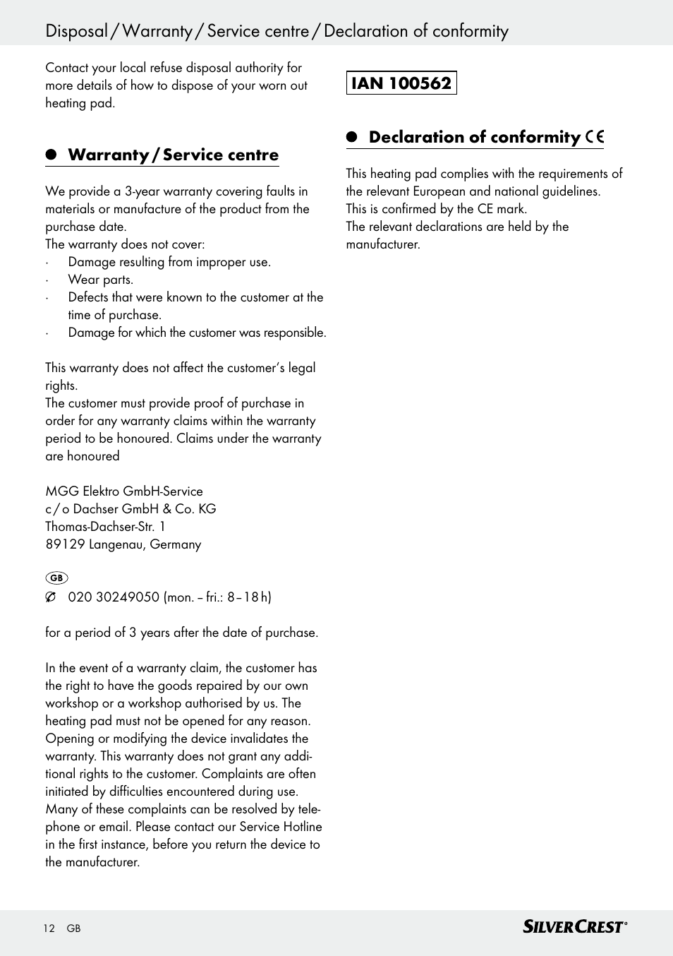 Spis zawartości, Warranty / service centre | Silvercrest SSK 100 A1 User Manual | Page 12 / 33