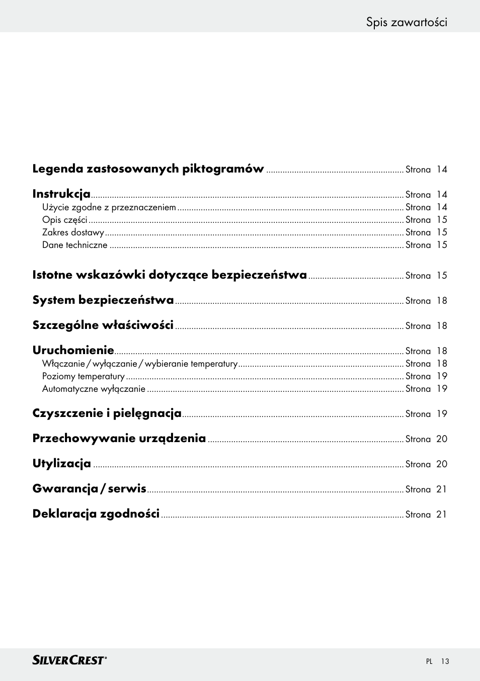 Spis zawartości | Silvercrest SSK 100 A1 User Manual | Page 13 / 33