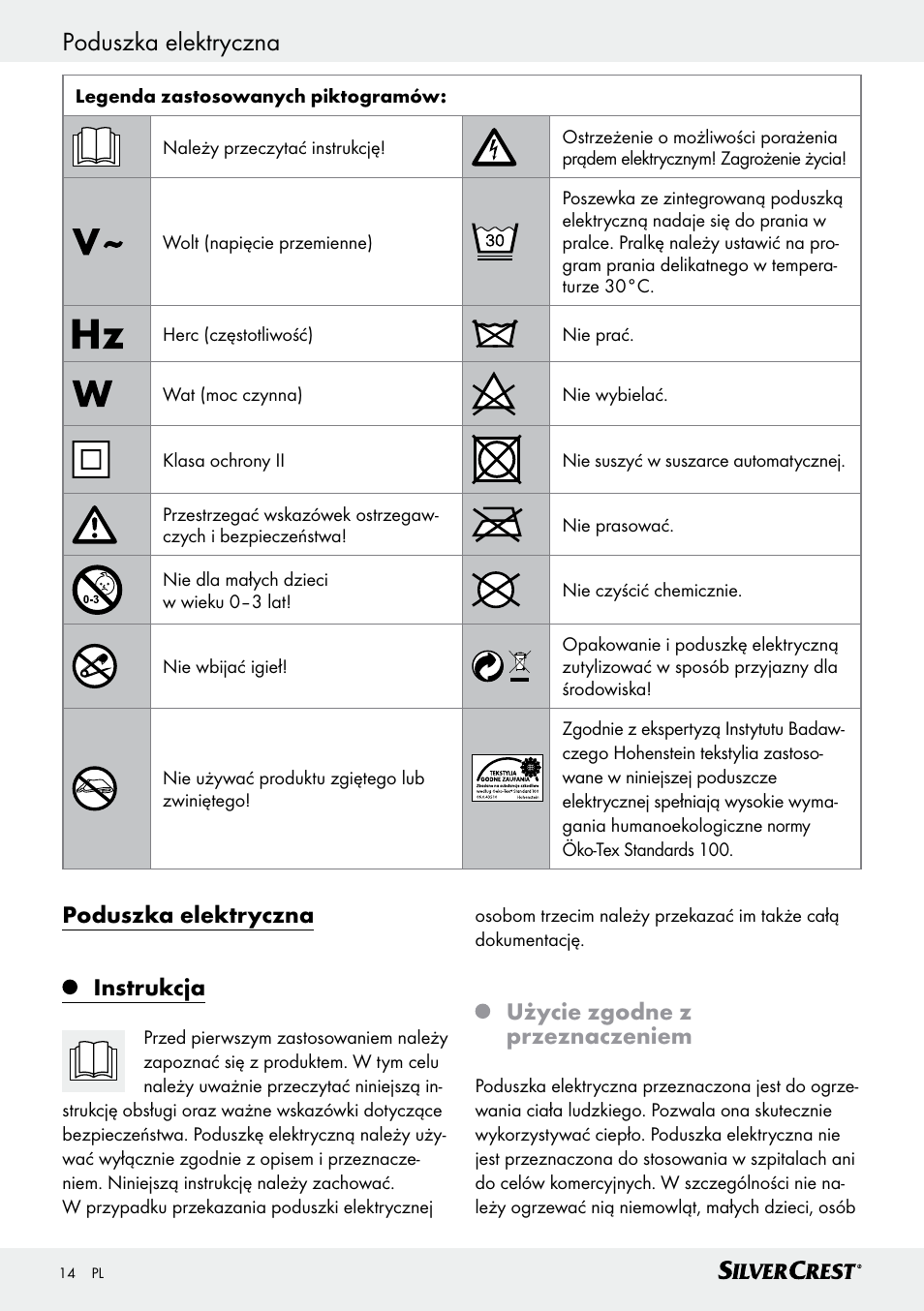 Poduszka elektryczna instrukcja, Użycie zgodne z przeznaczeniem | Silvercrest SSK 100 A1 User Manual | Page 14 / 33
