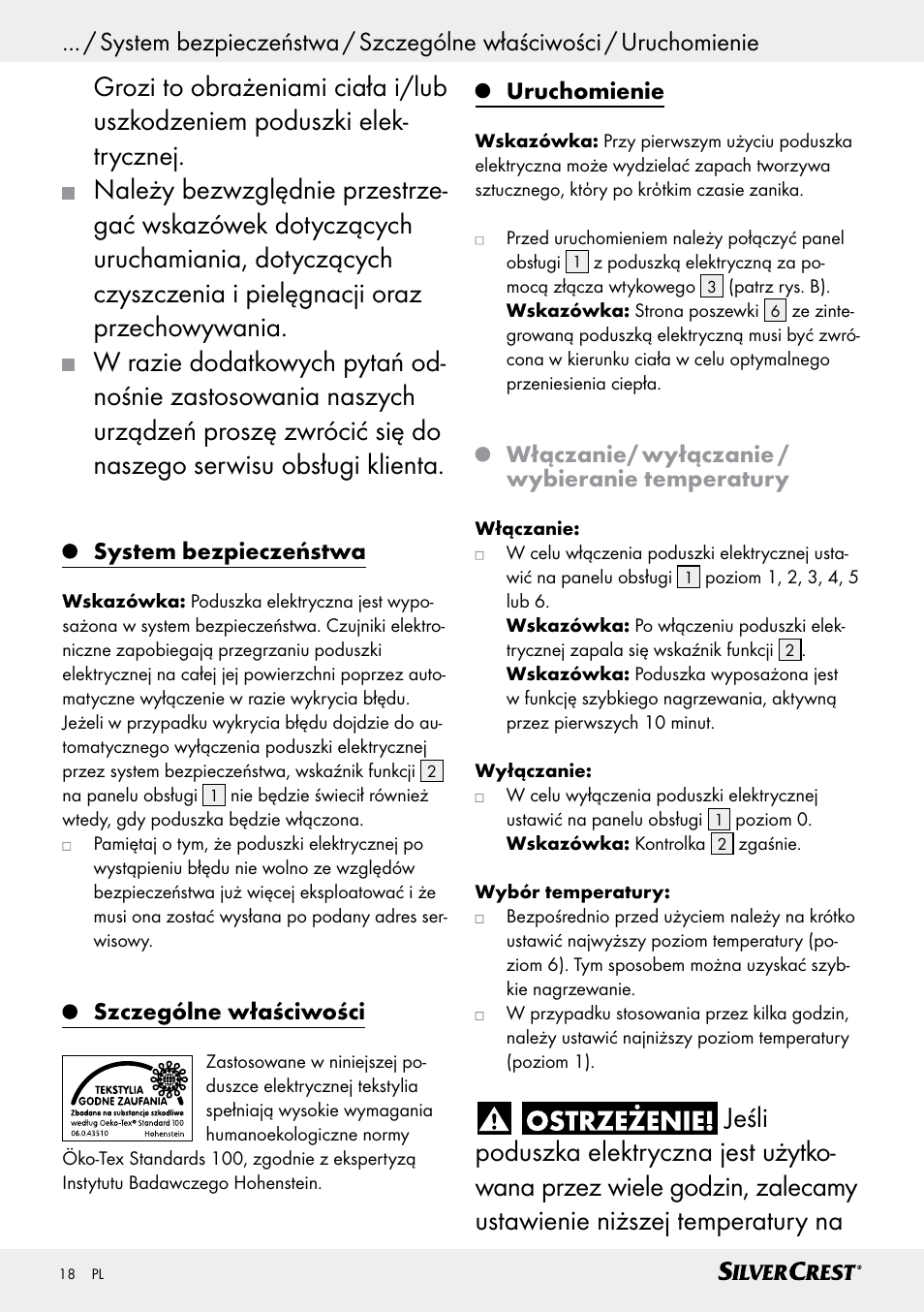 System bezpieczeństwa, Szczególne właściwości, Uruchomienie | Włączanie/ wyłączanie / wybieranie temperatury | Silvercrest SSK 100 A1 User Manual | Page 18 / 33