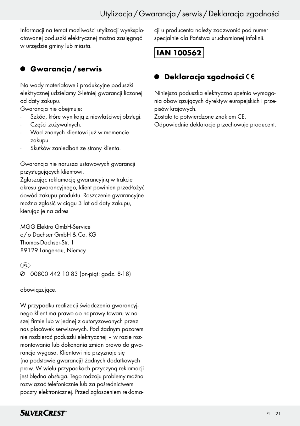 Gwarancja / serwis | Silvercrest SSK 100 A1 User Manual | Page 21 / 33