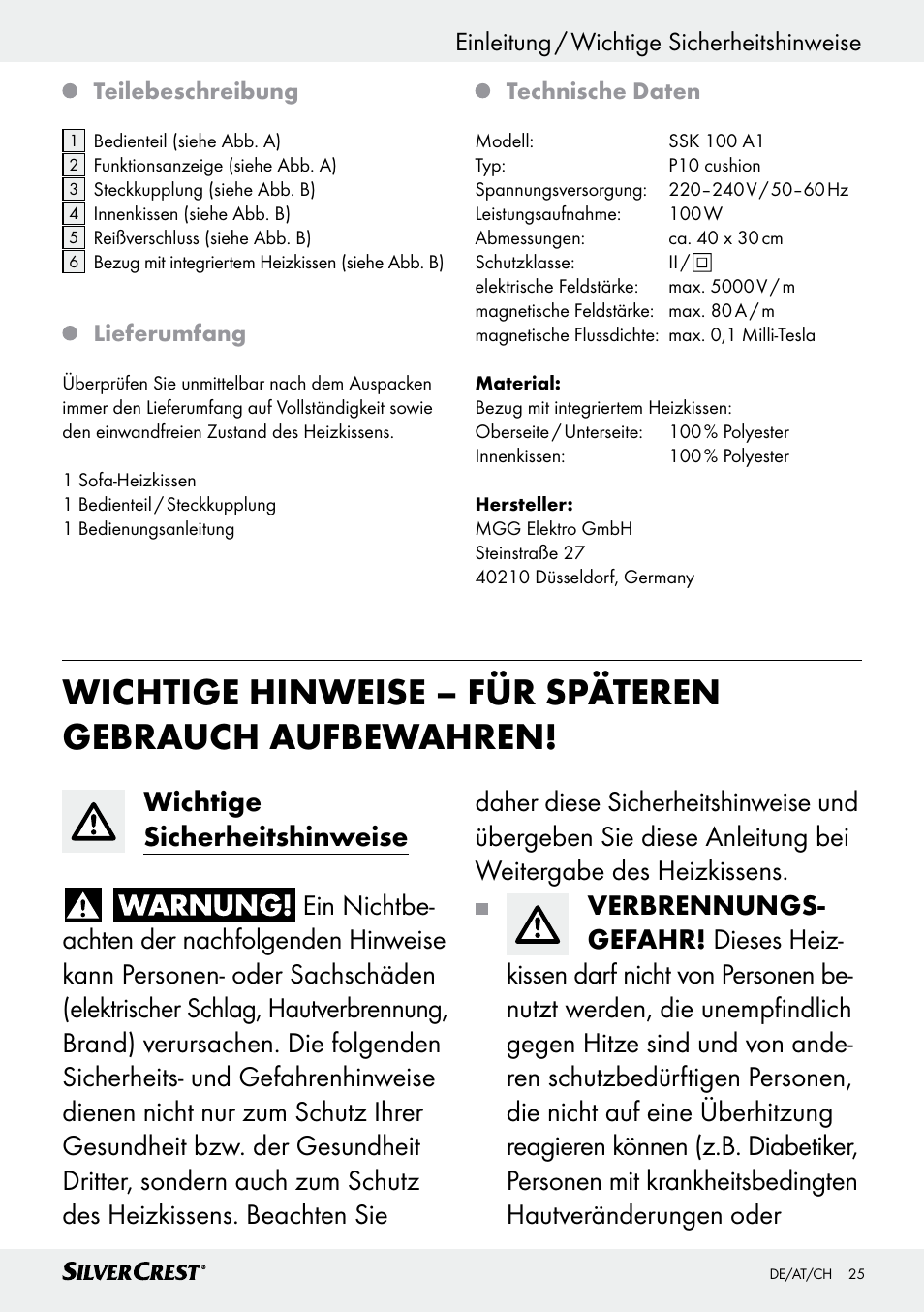 Einleitung / wichtige sicherheitshinweise, Einleitung | Silvercrest SSK 100 A1 User Manual | Page 25 / 33