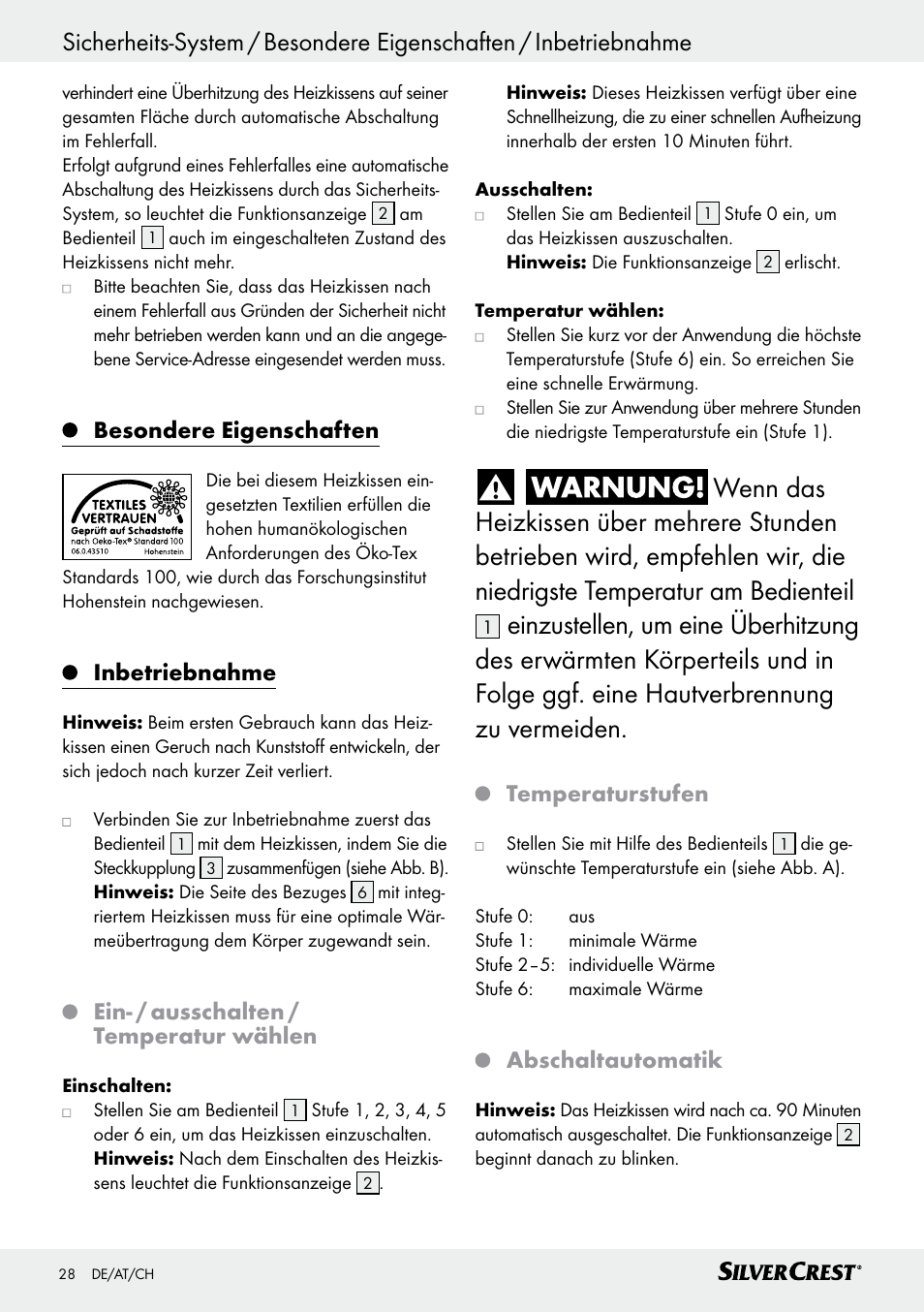 Besondere eigenschaften, Inbetriebnahme, Ein- / ausschalten / temperatur wählen | Temperaturstufen, Abschaltautomatik | Silvercrest SSK 100 A1 User Manual | Page 28 / 33