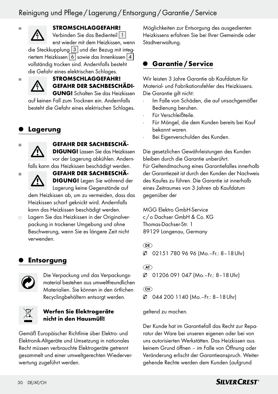 Lagerung, Entsorgung, Garantie / service | Silvercrest SSK 100 A1 User Manual | Page 30 / 33