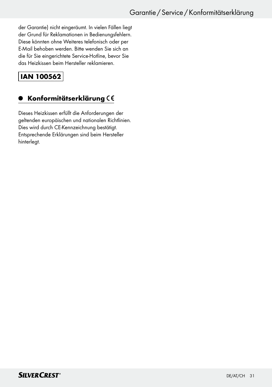 Garantie / service / konformitätserklärung | Silvercrest SSK 100 A1 User Manual | Page 31 / 33