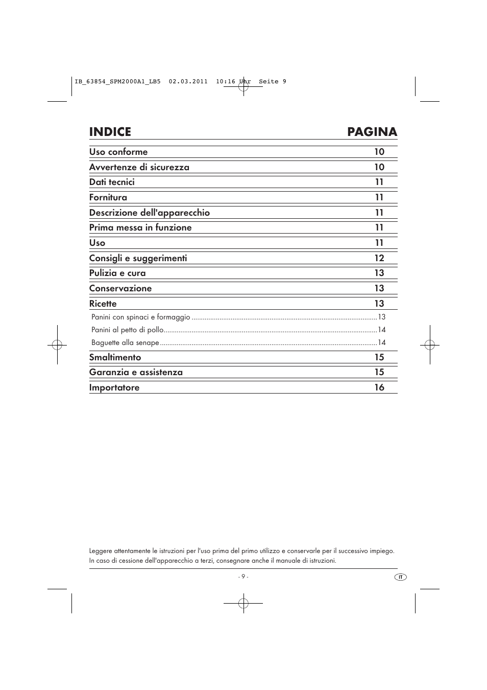 Indice pagina | Silvercrest SPM 2000 A1 User Manual | Page 11 / 42