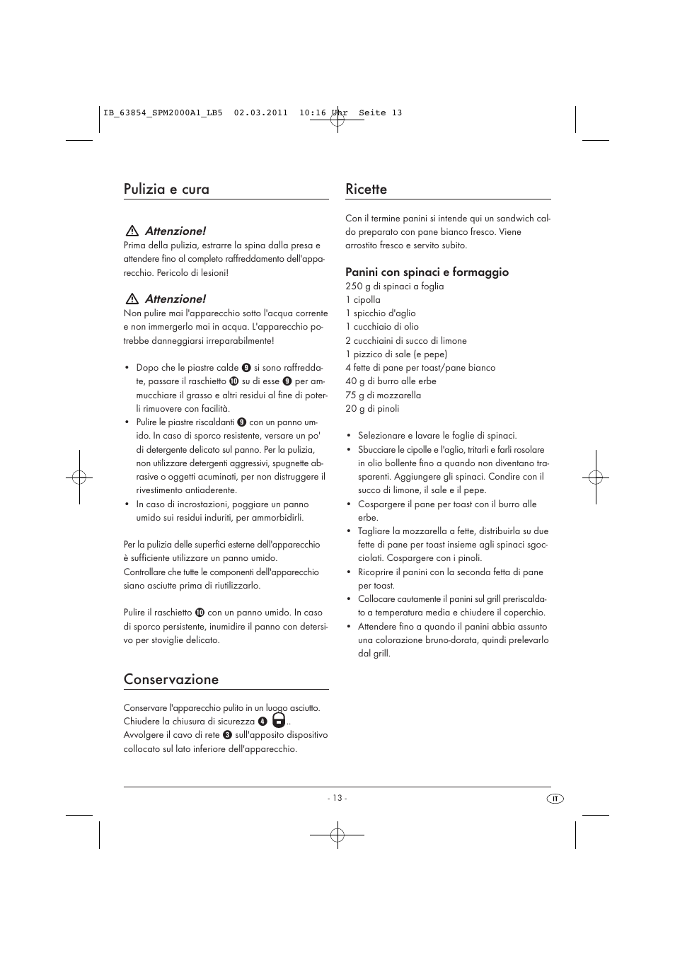 Pulizia e cura, Conservazione, Ricette | Attenzione, Panini con spinaci e formaggio | Silvercrest SPM 2000 A1 User Manual | Page 15 / 42