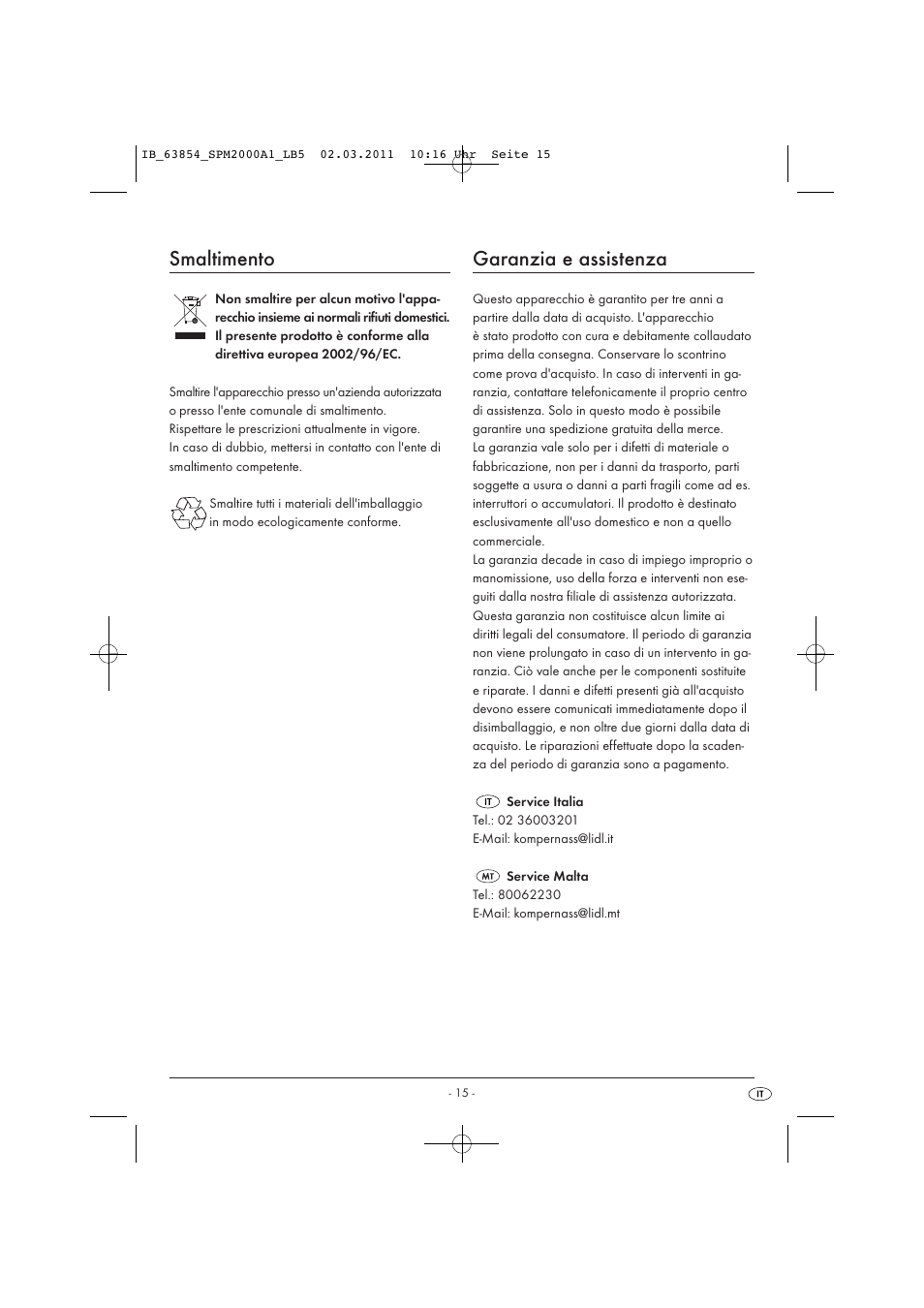 Smaltimento, Garanzia e assistenza | Silvercrest SPM 2000 A1 User Manual | Page 17 / 42