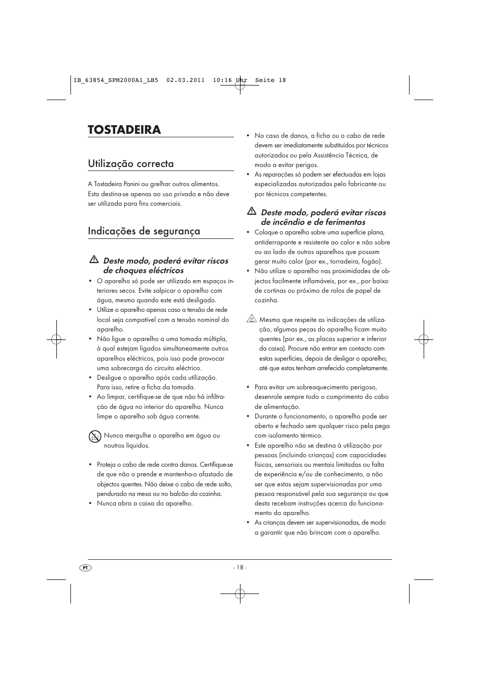 Tostadeira, Utilização correcta, Indicações de segurança | Silvercrest SPM 2000 A1 User Manual | Page 20 / 42