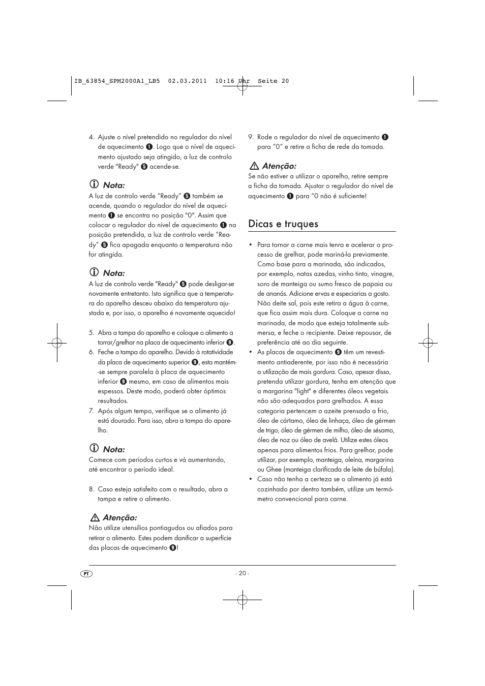 Dicas e truques, Nota, Atenção | Silvercrest SPM 2000 A1 User Manual | Page 22 / 42