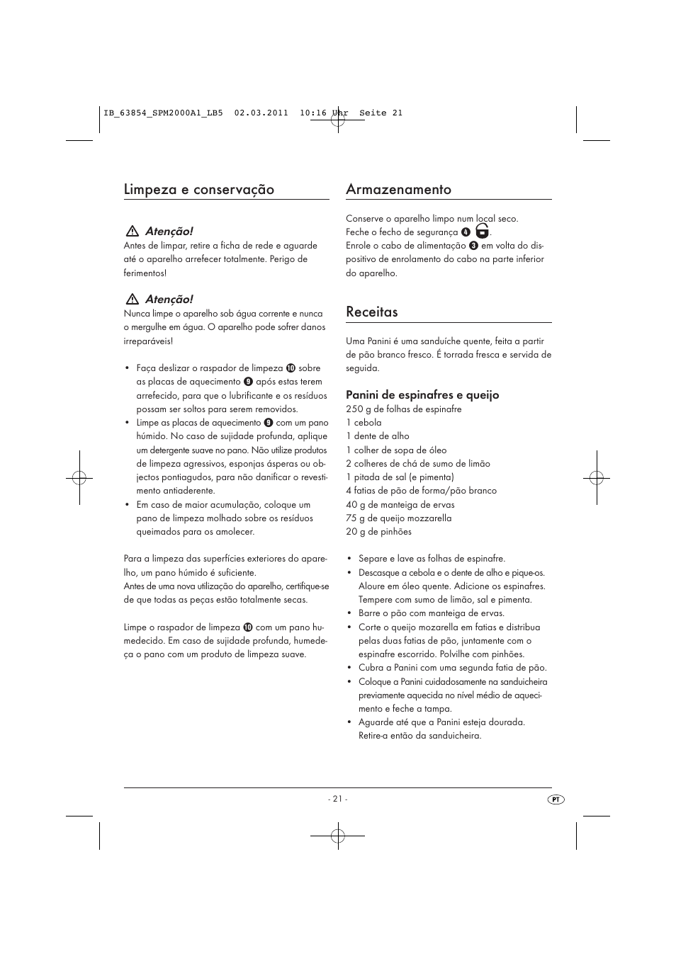 Limpeza e conservação, Armazenamento, Receitas | Atenção, Panini de espinafres e queijo | Silvercrest SPM 2000 A1 User Manual | Page 23 / 42