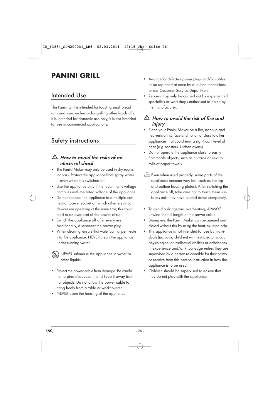 Panini grill, Intended use, Safety instructions | How to avoid the risks of an electrical shock, How to avoid the risk of fire and injury | Silvercrest SPM 2000 A1 User Manual | Page 28 / 42