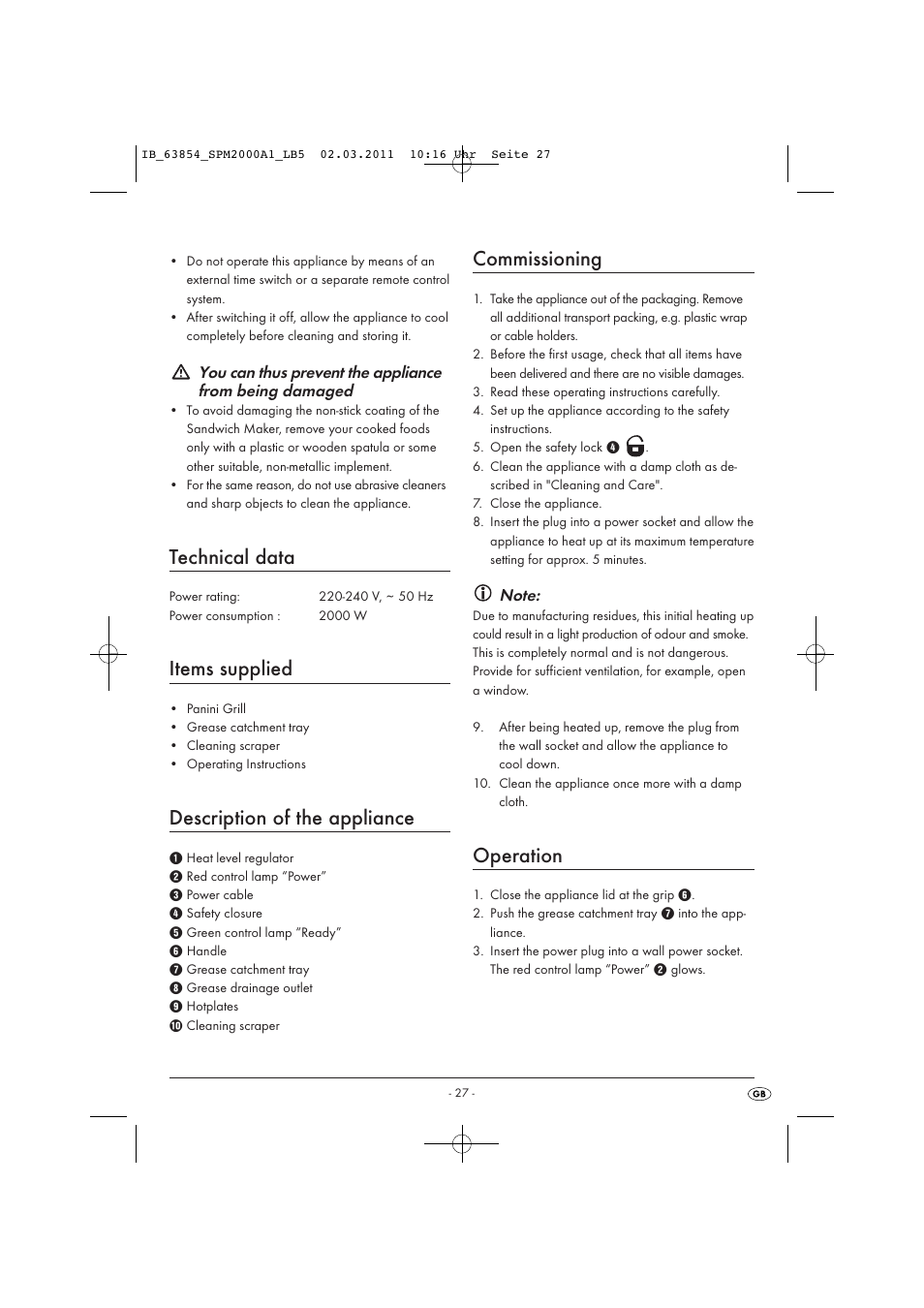 Technical data, Items supplied, Description of the appliance | Commissioning, Operation | Silvercrest SPM 2000 A1 User Manual | Page 29 / 42