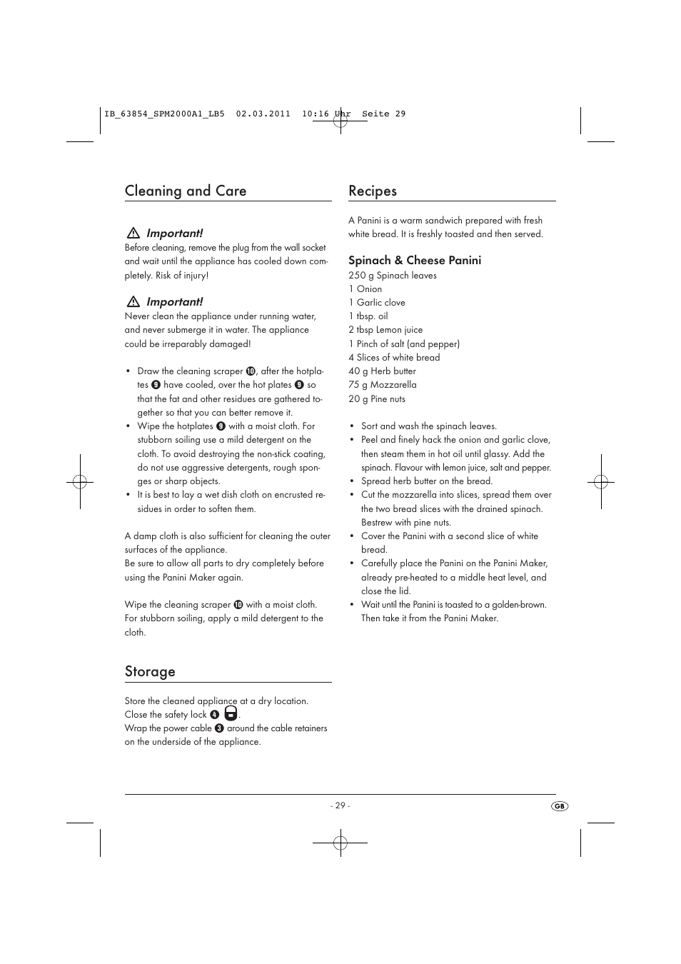 Cleaning and care, Storage, Recipes | Important, Spinach & cheese panini | Silvercrest SPM 2000 A1 User Manual | Page 31 / 42