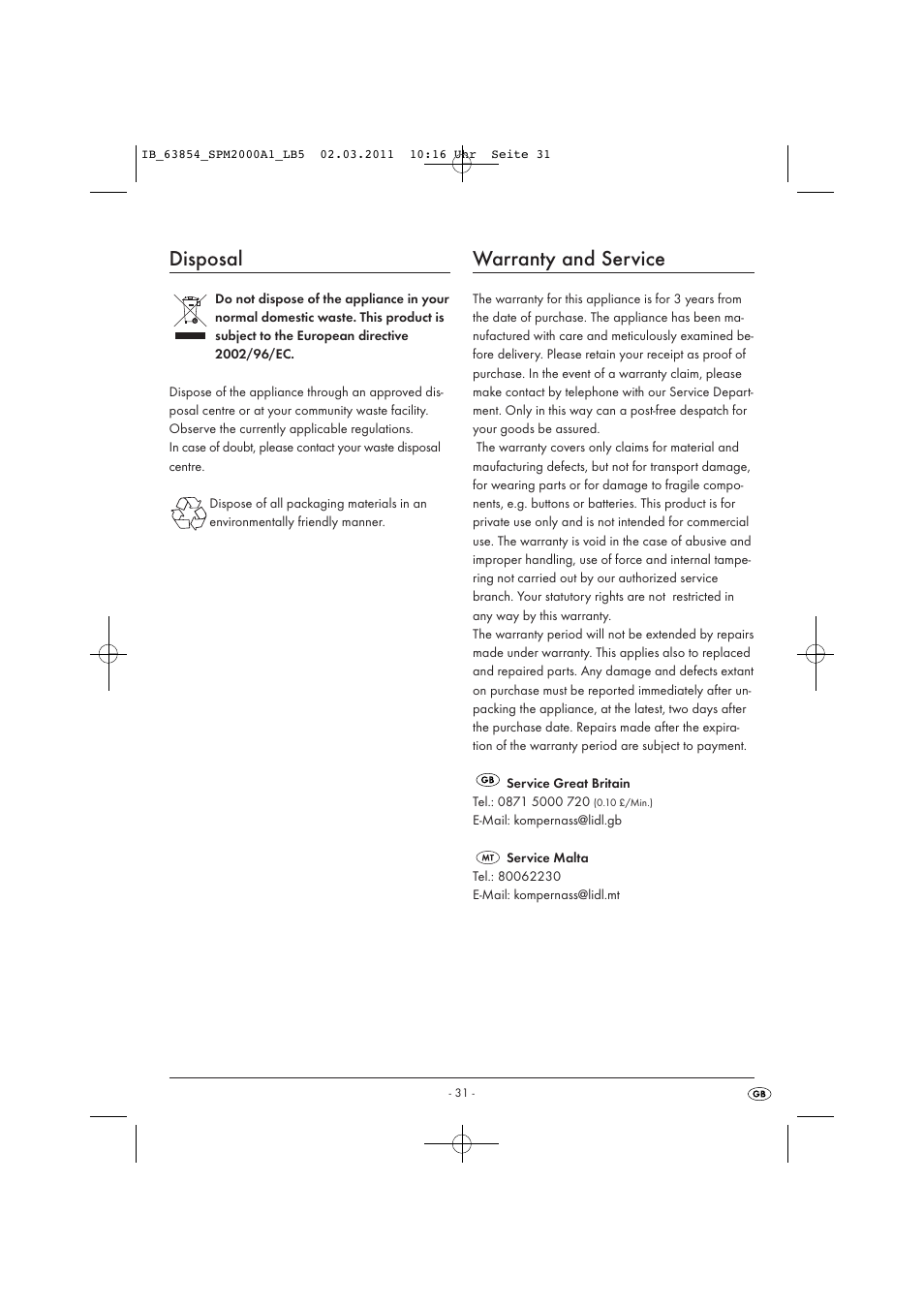 Disposal, Warranty and service | Silvercrest SPM 2000 A1 User Manual | Page 33 / 42