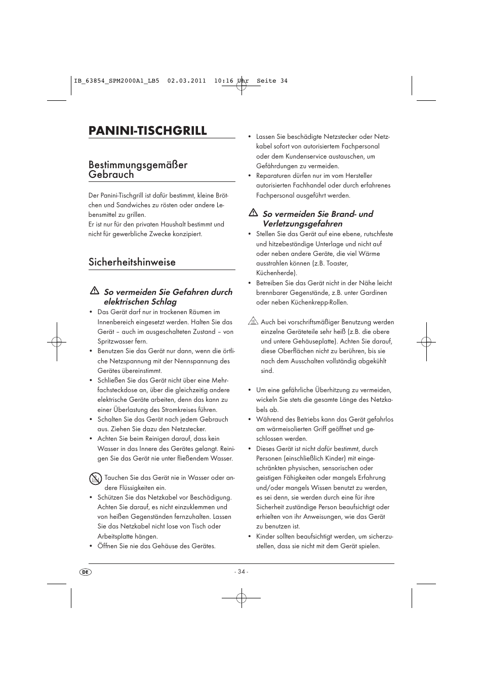 Panini-tischgrill, Bestimmungsgemäßer gebrauch, Sicherheitshinweise | So vermeiden sie brand- und verletzungsgefahren | Silvercrest SPM 2000 A1 User Manual | Page 36 / 42