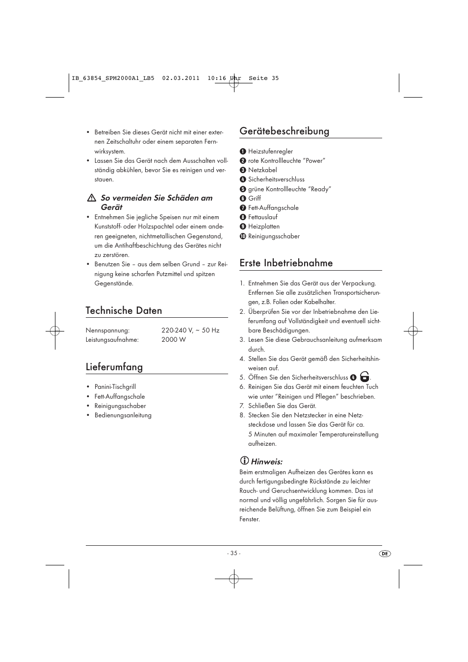 Technische daten, Lieferumfang, Gerätebeschreibung | Erste inbetriebnahme, So vermeiden sie schäden am gerät, Hinweis | Silvercrest SPM 2000 A1 User Manual | Page 37 / 42