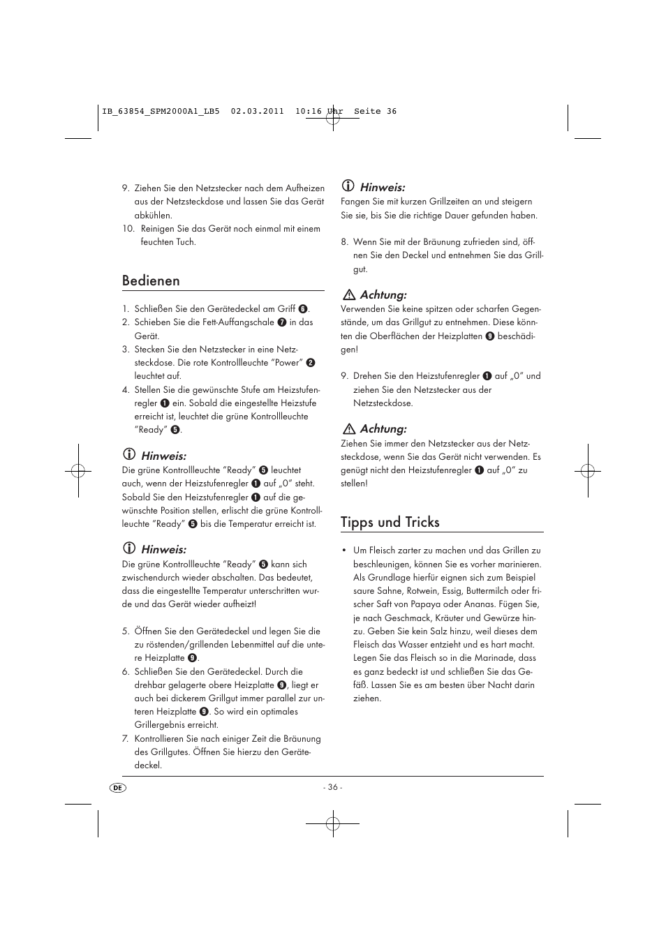 Bedienen, Tipps und tricks, Hinweis | Achtung | Silvercrest SPM 2000 A1 User Manual | Page 38 / 42