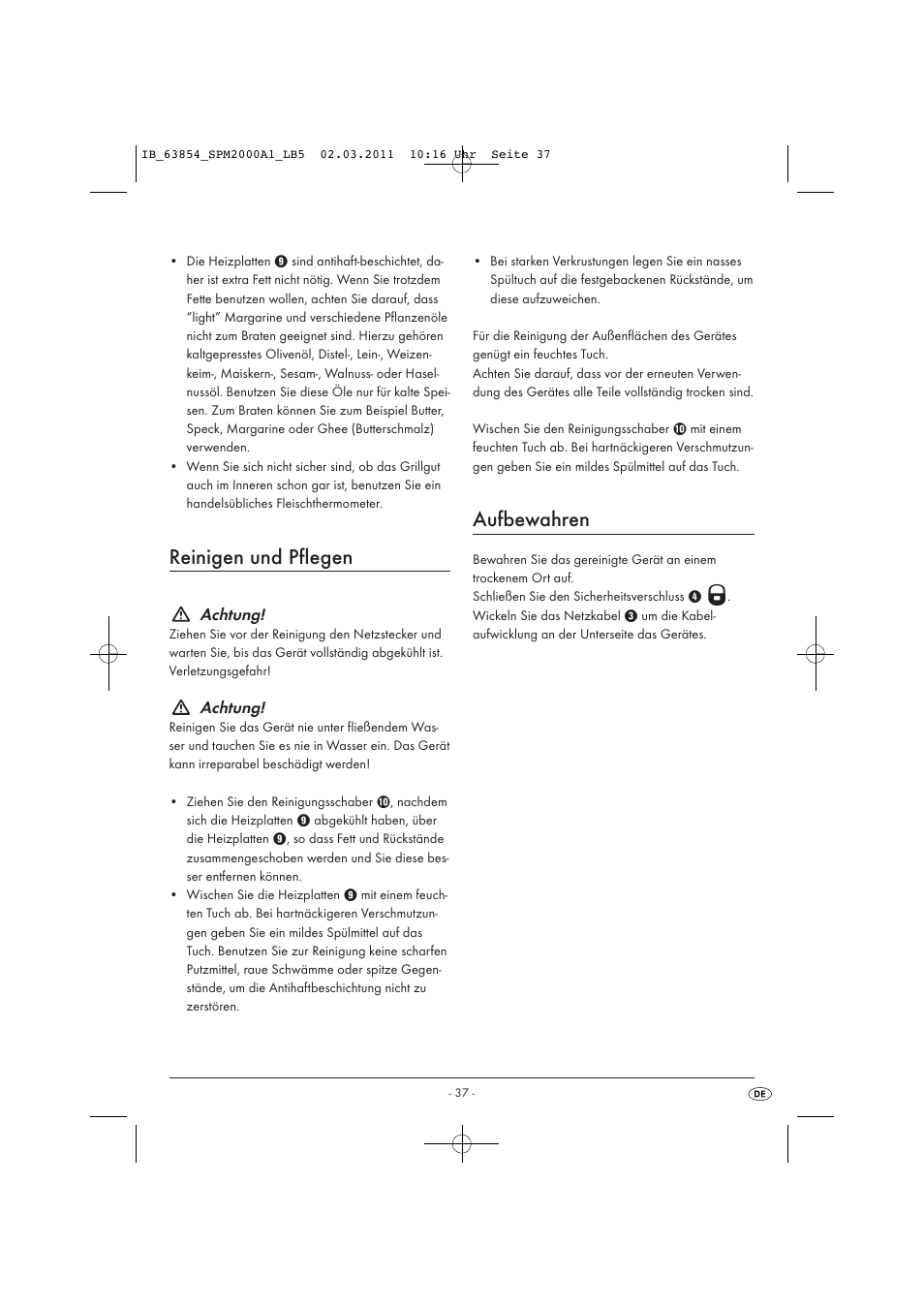 Reinigen und pflegen, Aufbewahren, Achtung | Silvercrest SPM 2000 A1 User Manual | Page 39 / 42