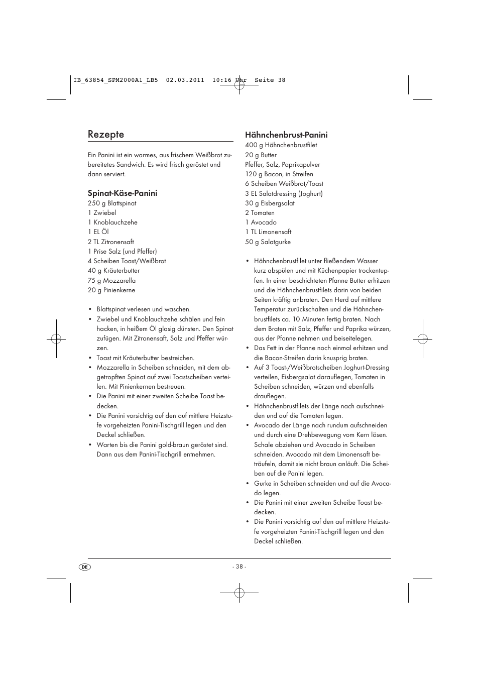 Rezepte, Spinat-käse-panini, Hähnchenbrust-panini | Silvercrest SPM 2000 A1 User Manual | Page 40 / 42