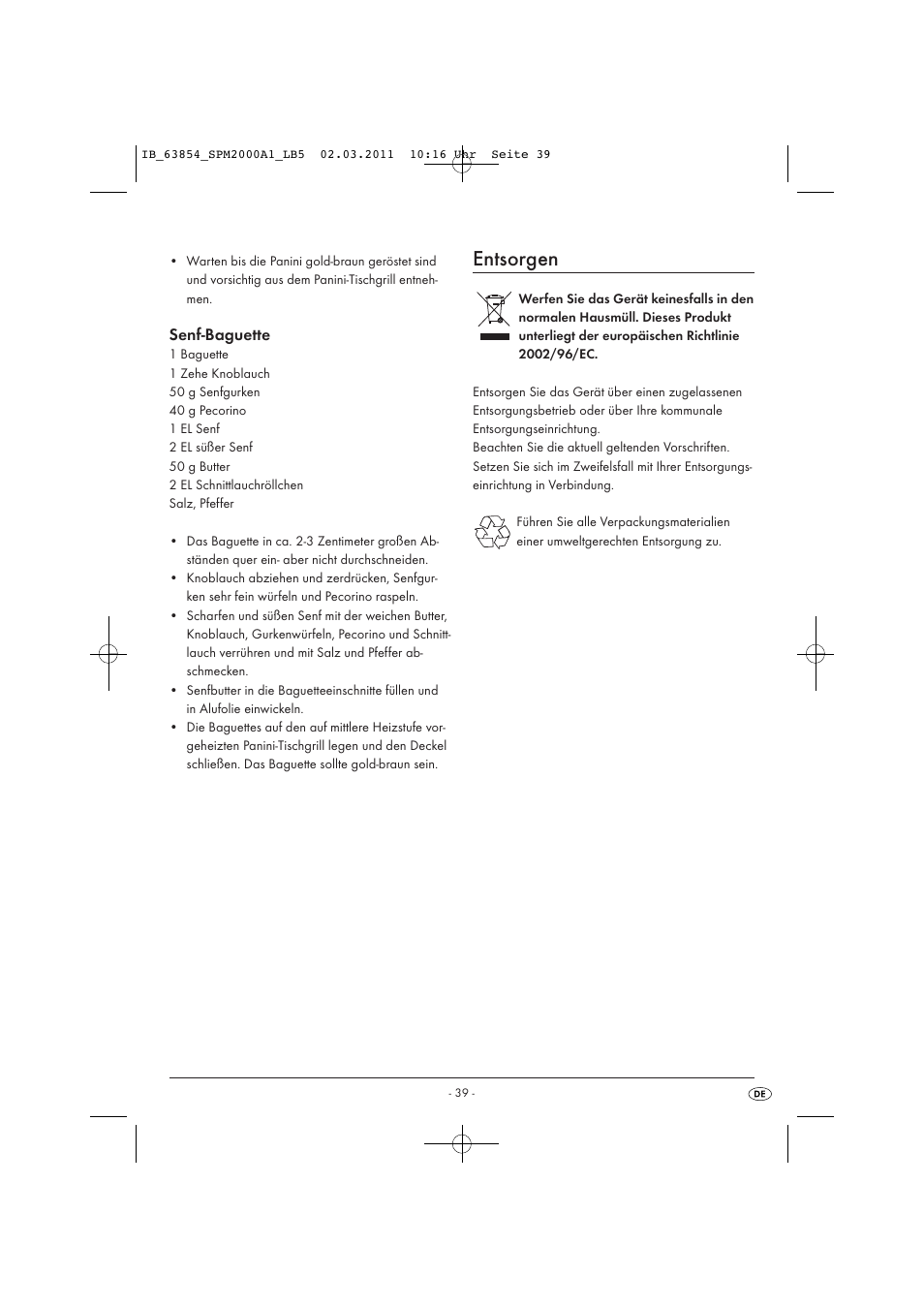 Entsorgen, Senf-baguette | Silvercrest SPM 2000 A1 User Manual | Page 41 / 42