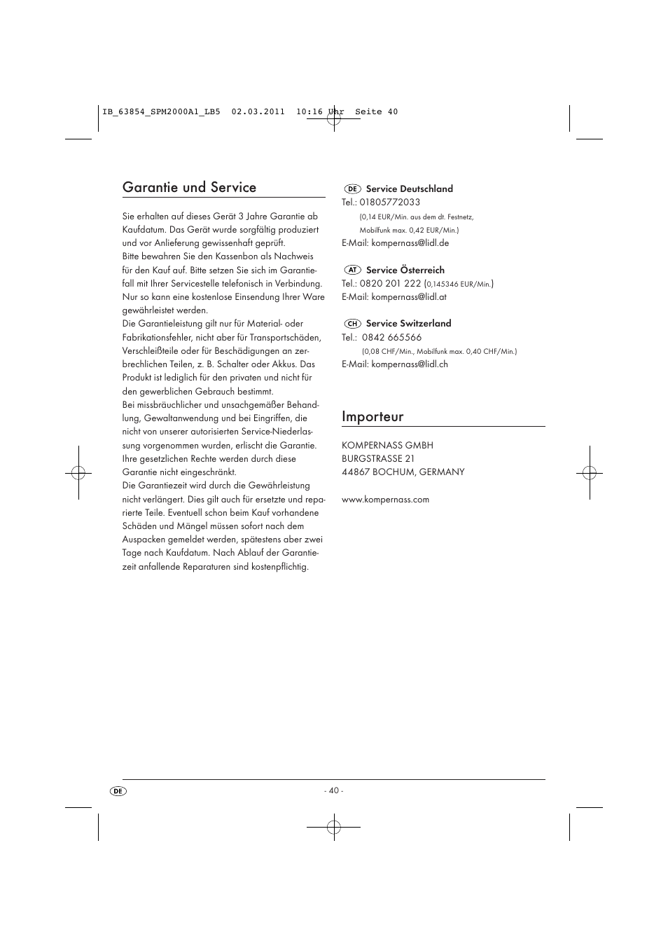 Garantie und service, Importeur | Silvercrest SPM 2000 A1 User Manual | Page 42 / 42