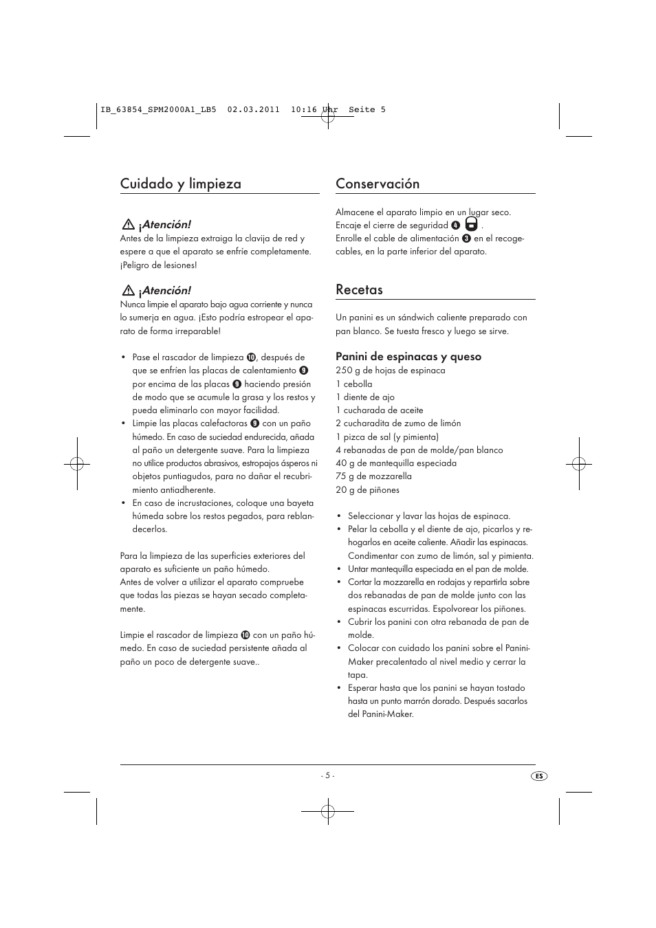 Cuidado y limpieza, Conservación, Recetas | Atención, Panini de espinacas y queso | Silvercrest SPM 2000 A1 User Manual | Page 7 / 42