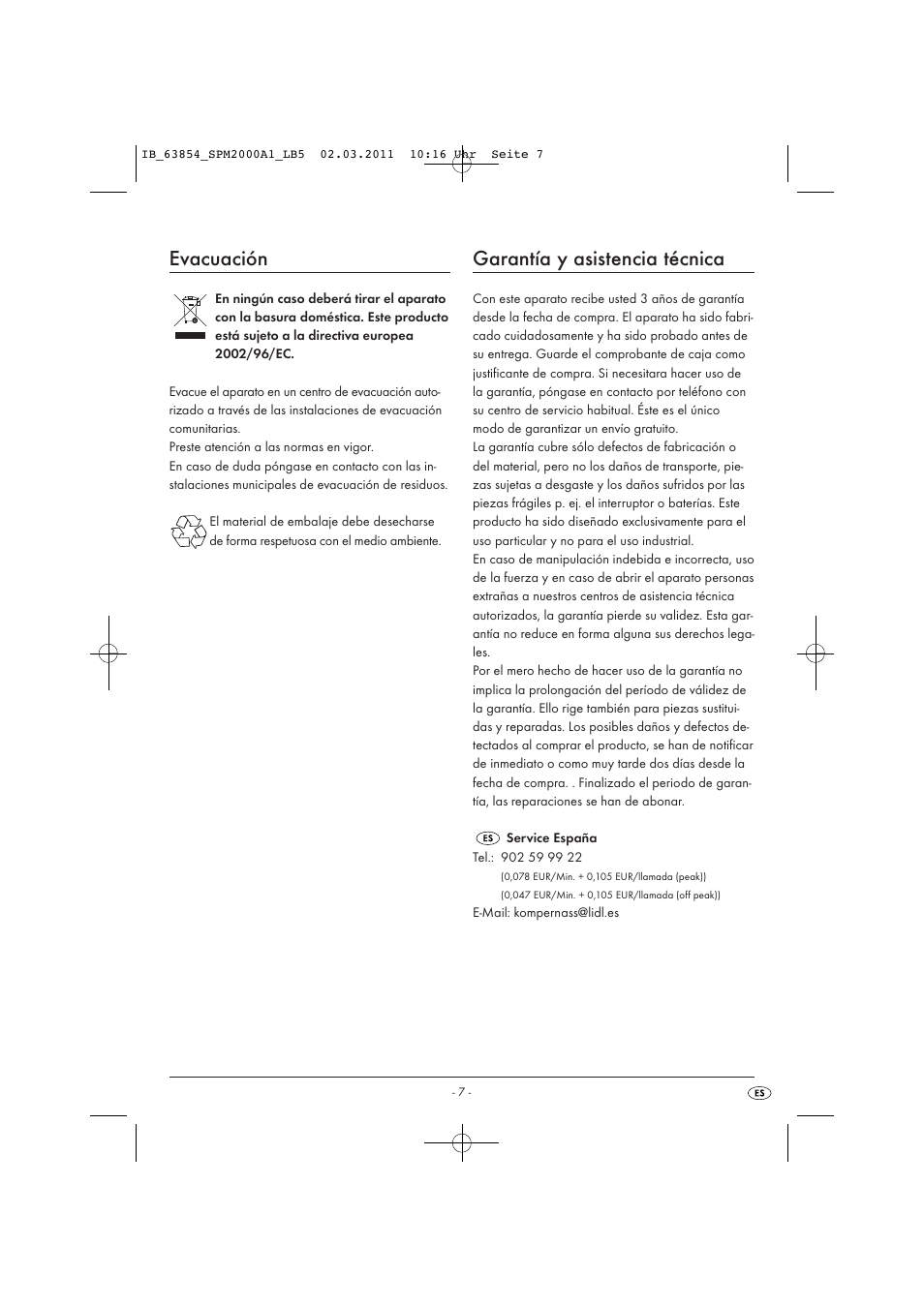 Evacuación, Garantía y asistencia técnica | Silvercrest SPM 2000 A1 User Manual | Page 9 / 42