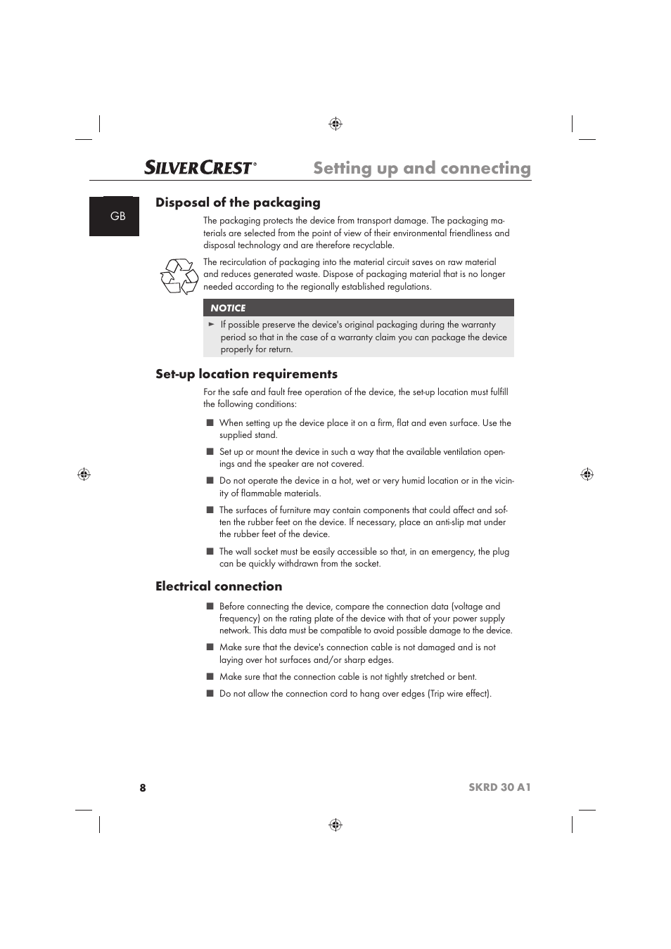 Setting up and connecting, Disposal of the packaging, Set-up location requirements | Electrical connection | Silvercrest SKRD 30 A1 User Manual | Page 10 / 158