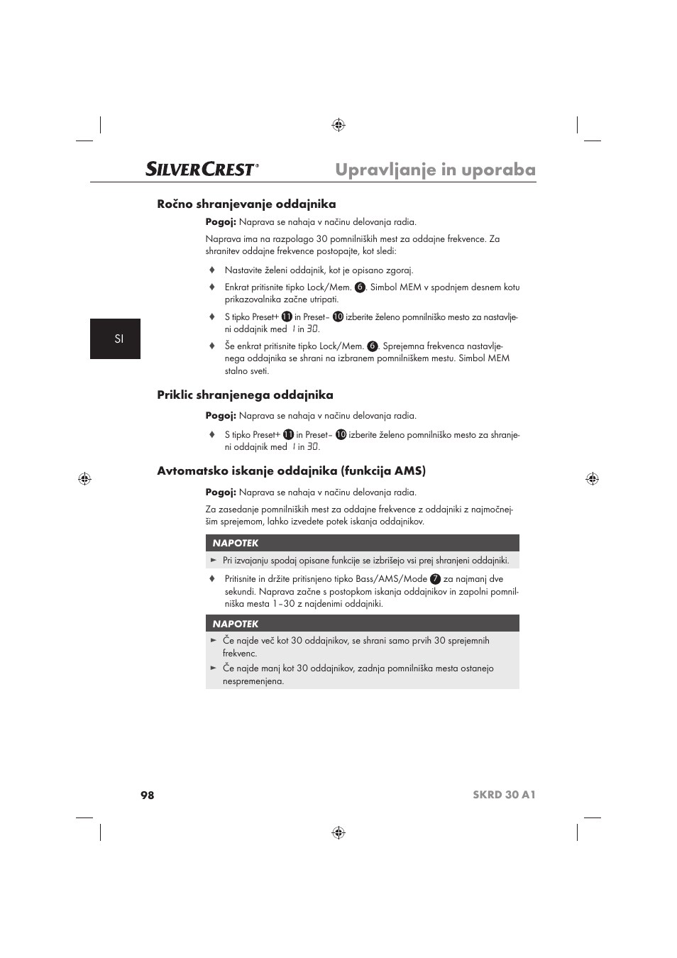 Upravljanje in uporaba, Si ročno shranjevanje oddajnika, Priklic shranjenega oddajnika | Avtomatsko iskanje oddajnika (funkcija ams) | Silvercrest SKRD 30 A1 User Manual | Page 100 / 158