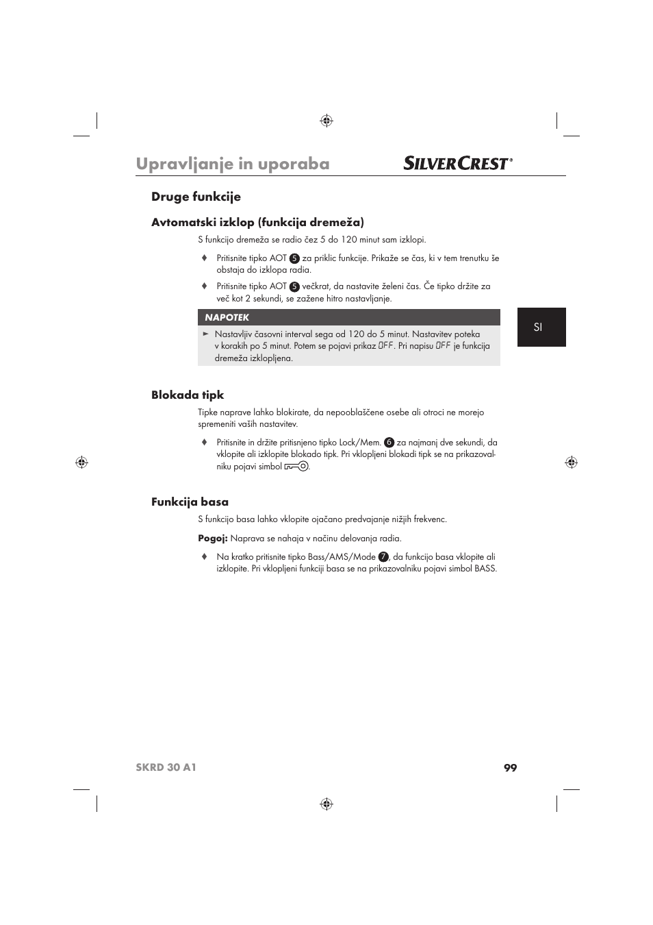 Upravljanje in uporaba, Druge funkcije, Avtomatski izklop (funkcija dremeža) | Blokada tipk, Funkcija basa | Silvercrest SKRD 30 A1 User Manual | Page 101 / 158