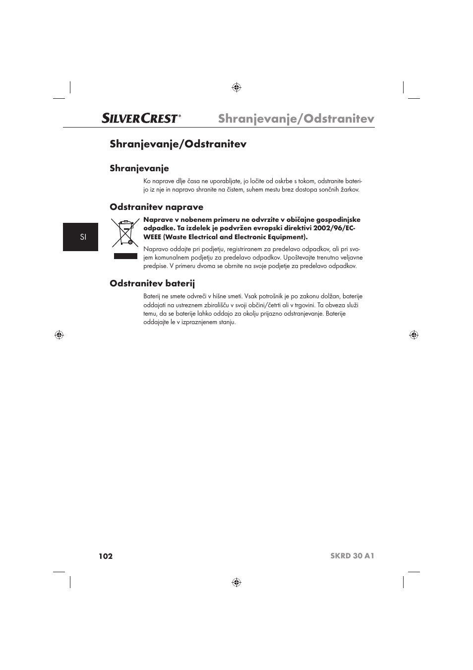 Shranjevanje/odstranitev, Shranjevanje, Odstranitev naprave | Odstranitev baterij | Silvercrest SKRD 30 A1 User Manual | Page 104 / 158