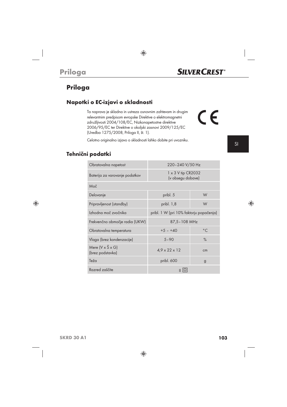 Priloga, Napotki o ec-izjavi o skladnosti, Tehnični podatki | Silvercrest SKRD 30 A1 User Manual | Page 105 / 158