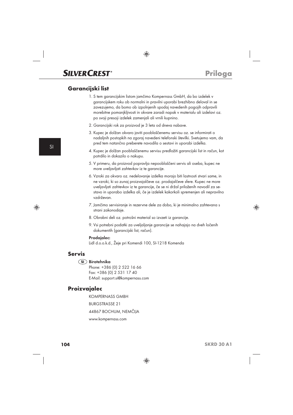 Priloga, Garancijski list, Servis | Proizvajalec | Silvercrest SKRD 30 A1 User Manual | Page 106 / 158