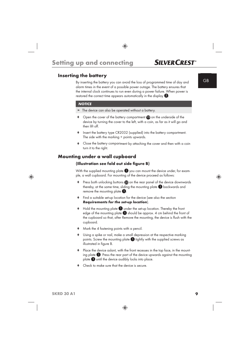 Setting up and connecting, Inserting the battery, Mounting under a wall cupboard | Silvercrest SKRD 30 A1 User Manual | Page 11 / 158