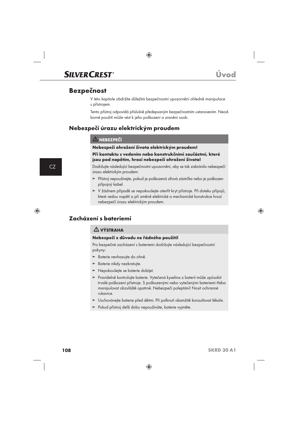 Úvod, Bezpečnost, Nebezpečí úrazu elektrickým proudem | Zacházení s bateriemi | Silvercrest SKRD 30 A1 User Manual | Page 110 / 158