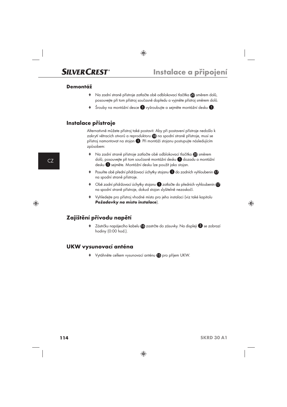 Instalace a připojení, Instalace přístroje, Zajištění přívodu napětí | Ukw vysunovací anténa, Cz demontáž | Silvercrest SKRD 30 A1 User Manual | Page 116 / 158