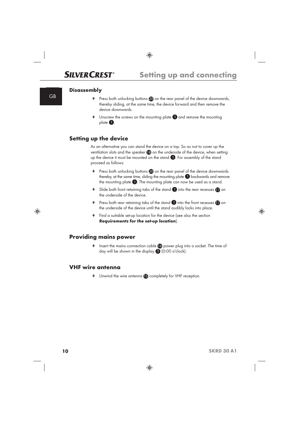 Setting up and connecting, Setting up the device, Providing mains power | Vhf wire antenna, Gb disassembly | Silvercrest SKRD 30 A1 User Manual | Page 12 / 158