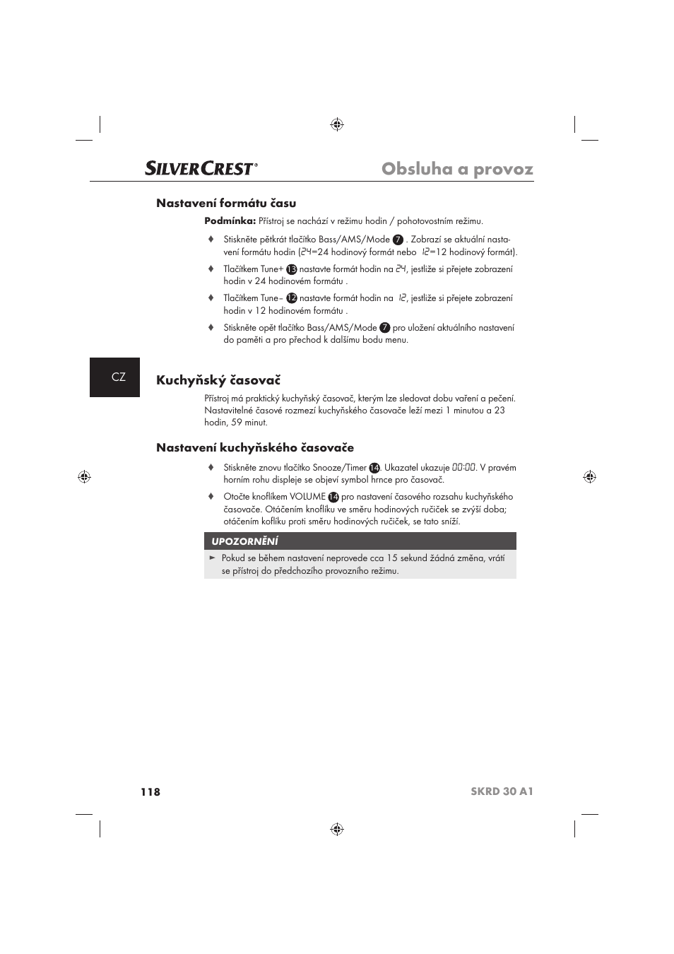 Obsluha a provoz, Kuchyňský časovač, Cz nastavení formátu času | Nastavení kuchyňského časovače | Silvercrest SKRD 30 A1 User Manual | Page 120 / 158