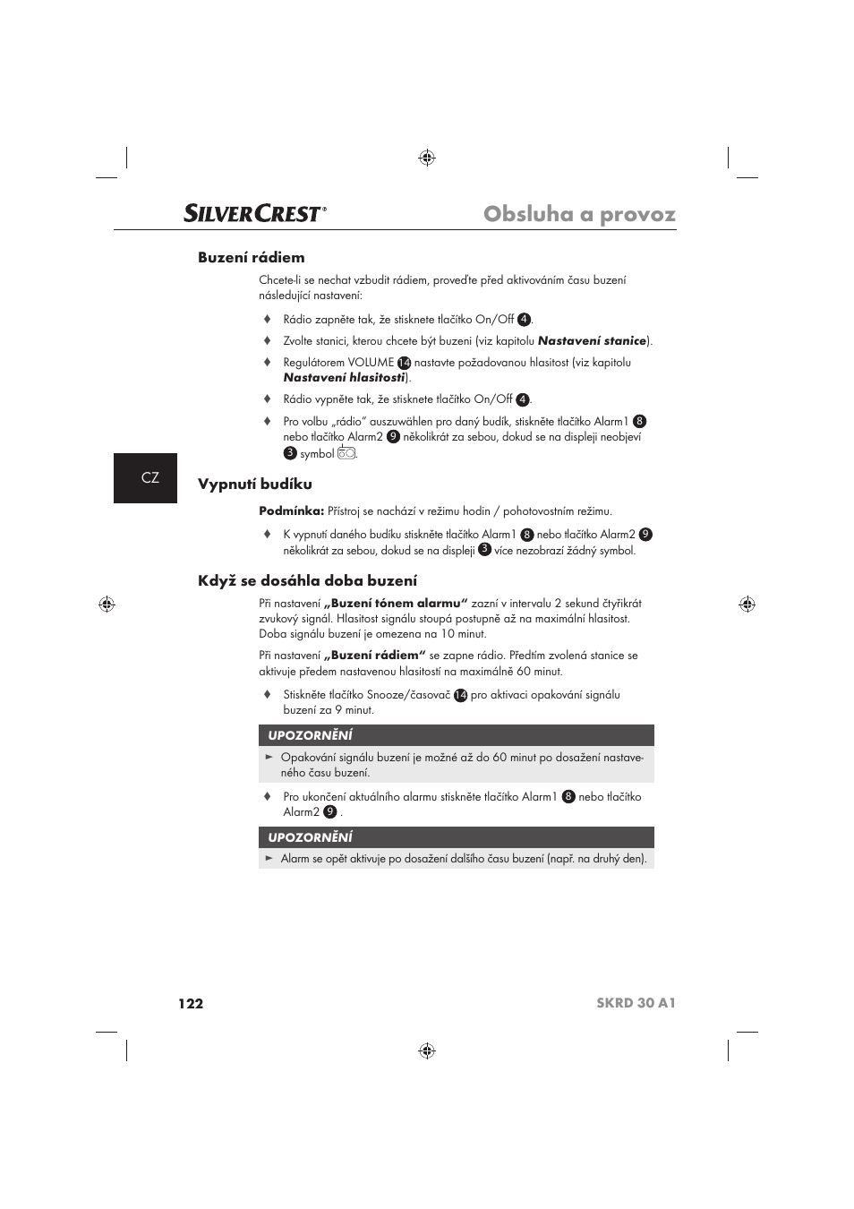 Obsluha a provoz, Cz buzení rádiem, Vypnutí budíku | Když se dosáhla doba buzení | Silvercrest SKRD 30 A1 User Manual | Page 124 / 158