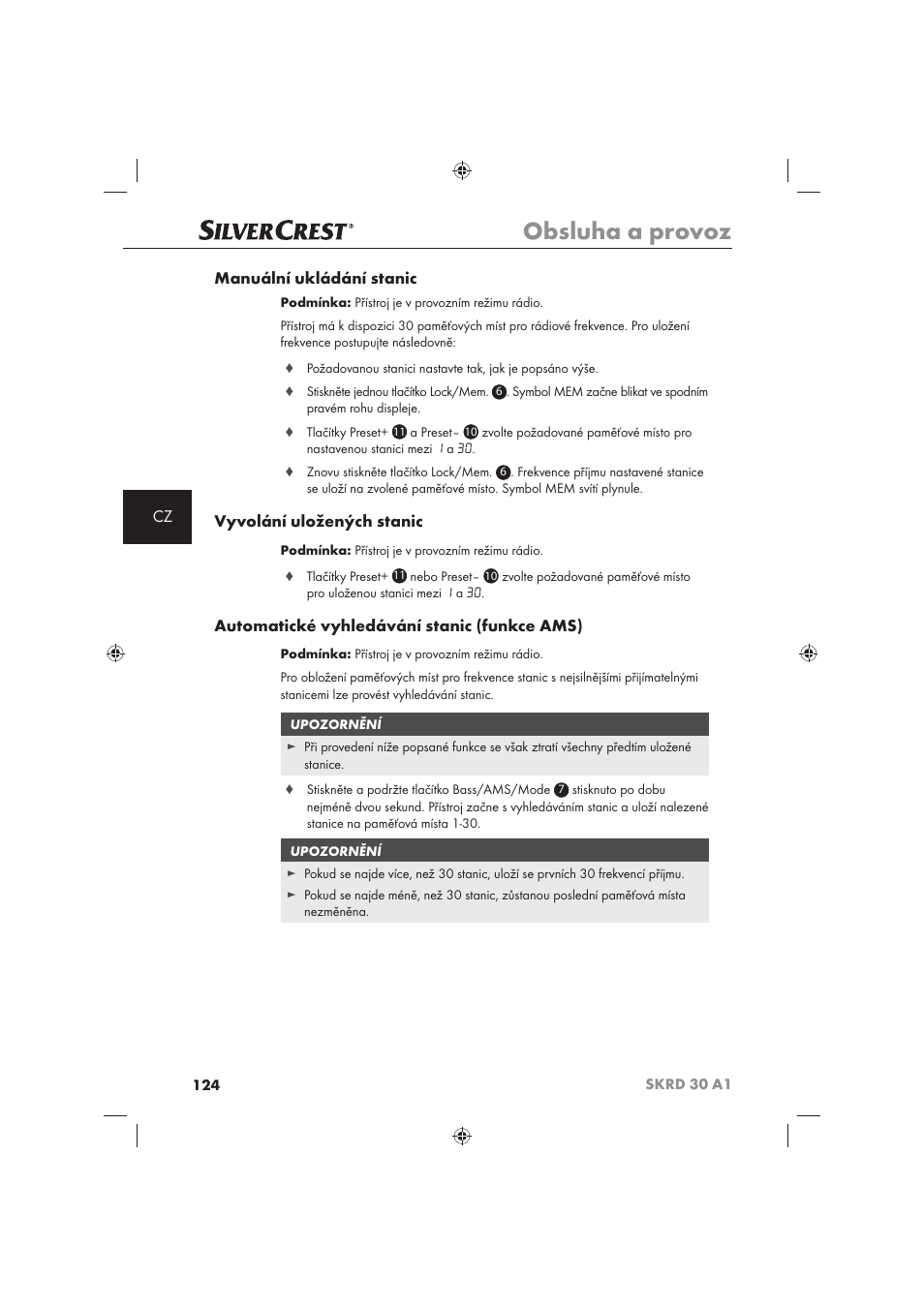 Obsluha a provoz, Cz manuální ukládání stanic, Vyvolání uložených stanic | Automatické vyhledávání stanic (funkce ams) | Silvercrest SKRD 30 A1 User Manual | Page 126 / 158