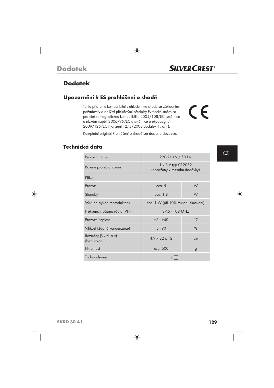 Dodatek, Upozornění k es prohlášení o shodě, Technická data | Silvercrest SKRD 30 A1 User Manual | Page 131 / 158