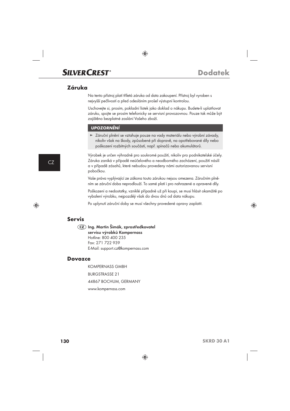 Dodatek, Záruka, Servis | Dovozce | Silvercrest SKRD 30 A1 User Manual | Page 132 / 158