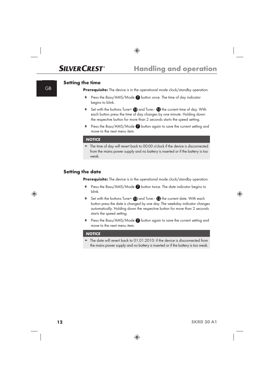 Handling and operation, Gb setting the time, Setting the date | Silvercrest SKRD 30 A1 User Manual | Page 14 / 158
