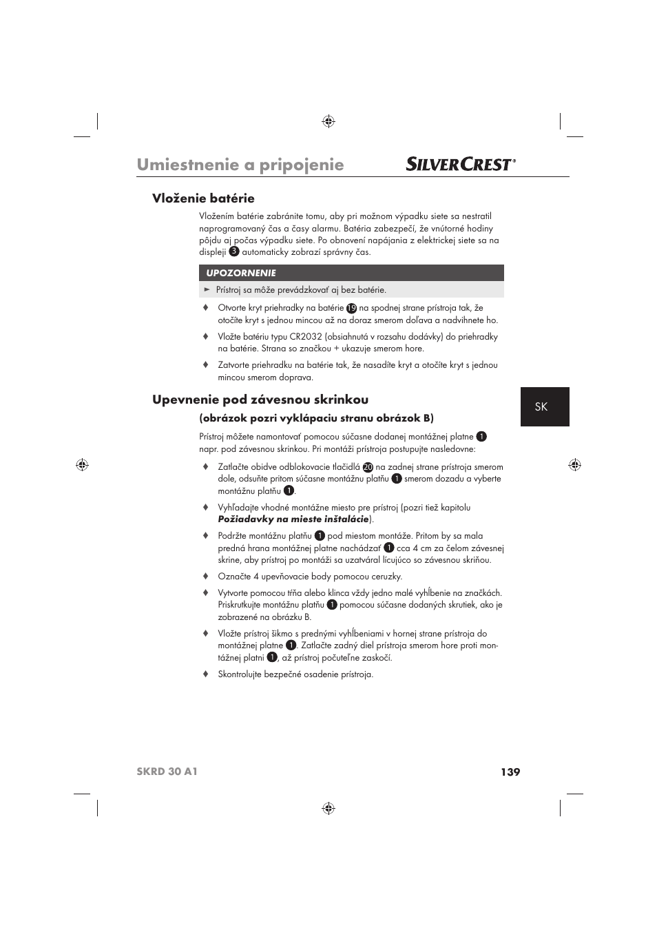 Umiestnenie a pripojenie, Vloženie batérie, Upevnenie pod závesnou skrinkou | Silvercrest SKRD 30 A1 User Manual | Page 141 / 158