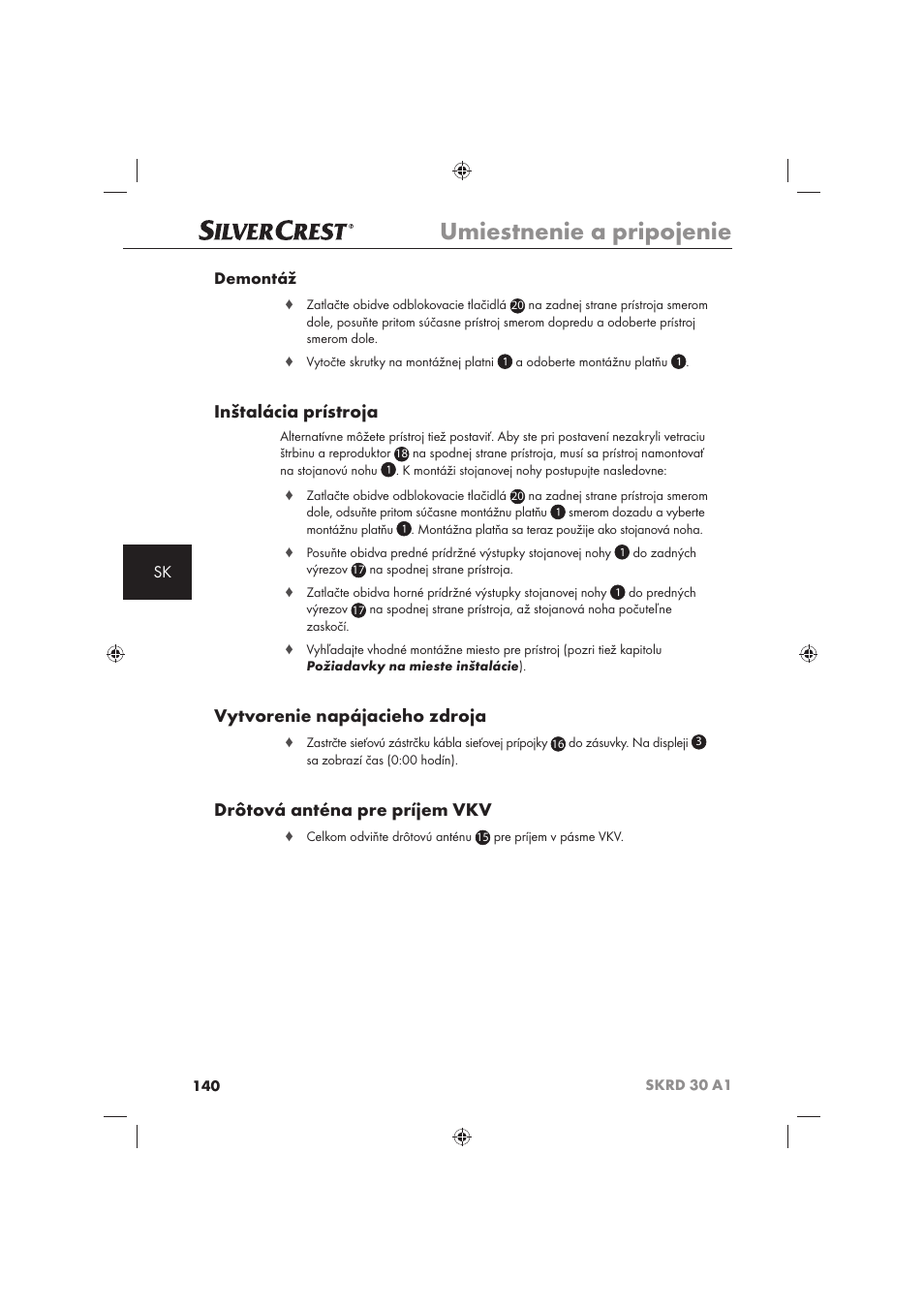 Umiestnenie a pripojenie, Inštalácia prístroja, Vytvorenie napájacieho zdroja | Drôtová anténa pre príjem vkv, Sk demontáž | Silvercrest SKRD 30 A1 User Manual | Page 142 / 158