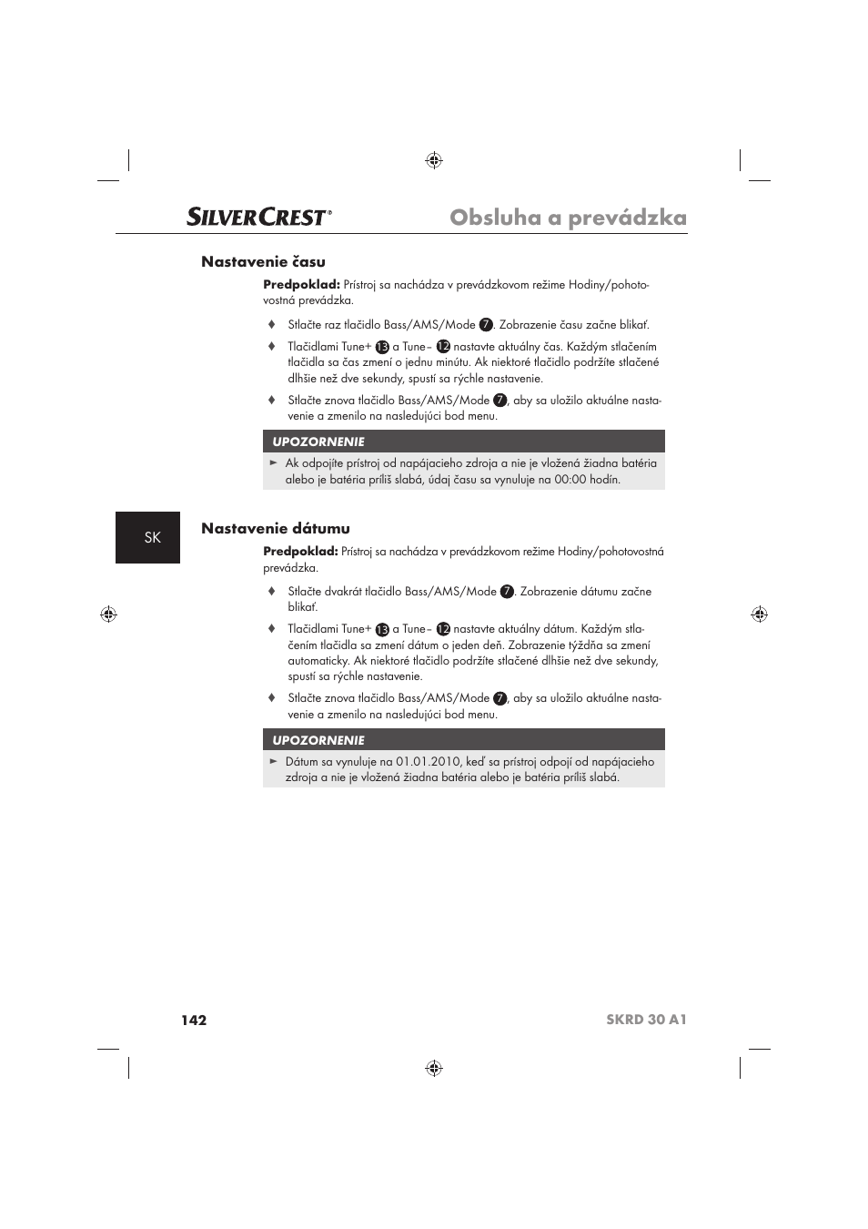 Obsluha a prevádzka, Sk nastavenie času, Nastavenie dátumu | Silvercrest SKRD 30 A1 User Manual | Page 144 / 158